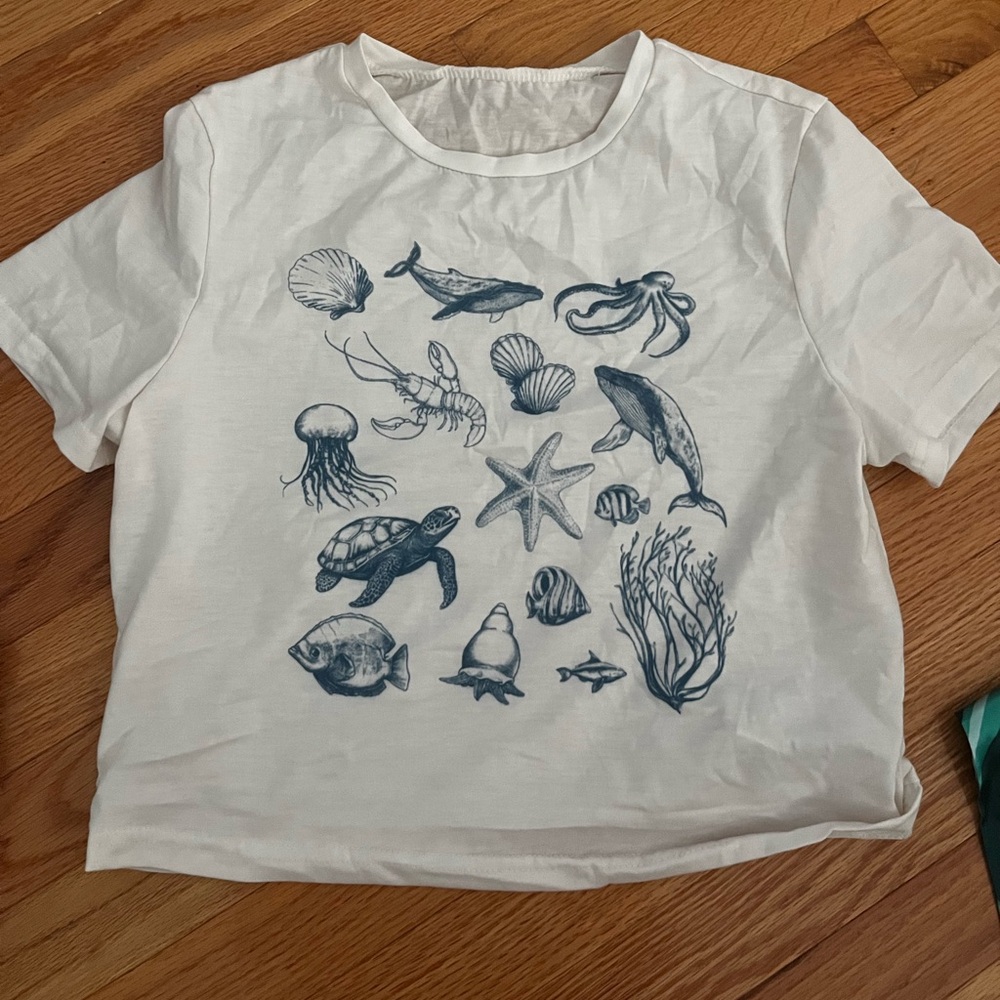 SHEIN Marine Life Tee - White and Blue